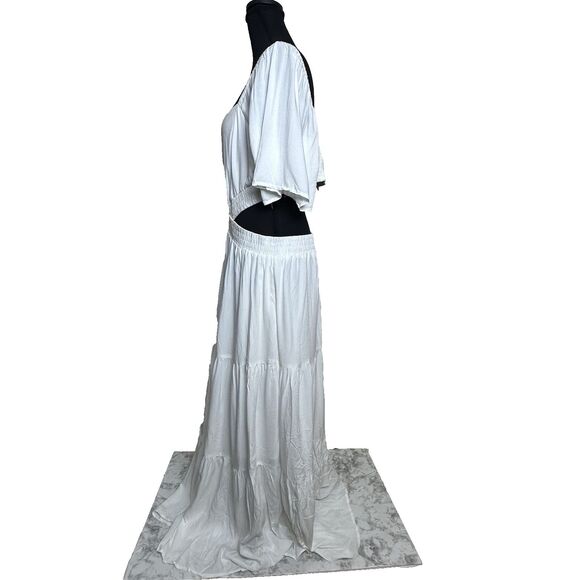 White Boho Maxi Dress XL Flutter Sleeve‎ Pockets Cutout Waist Tiered Cottagecore - Picture 6 of 15